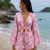 Women’s Pink Floral Printed Cotton Beach Wear Set with Bell Sleeve Tie-Up Top & Tassel Shorts