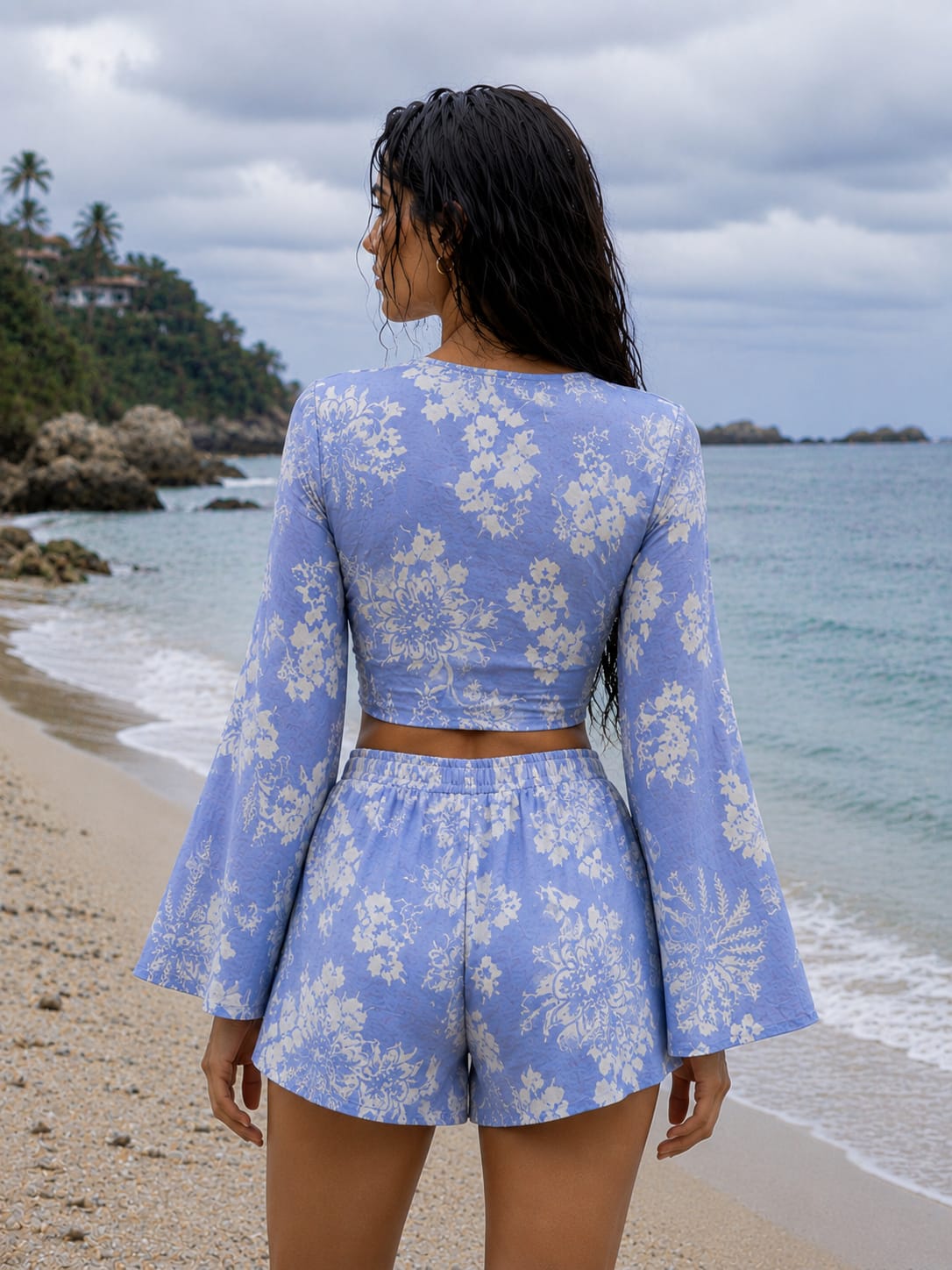 Women’s Sky Blue Floral Printed Cotton Beach Wear Set with Bell Sleeve Tie-Up Top & Tassel Shorts