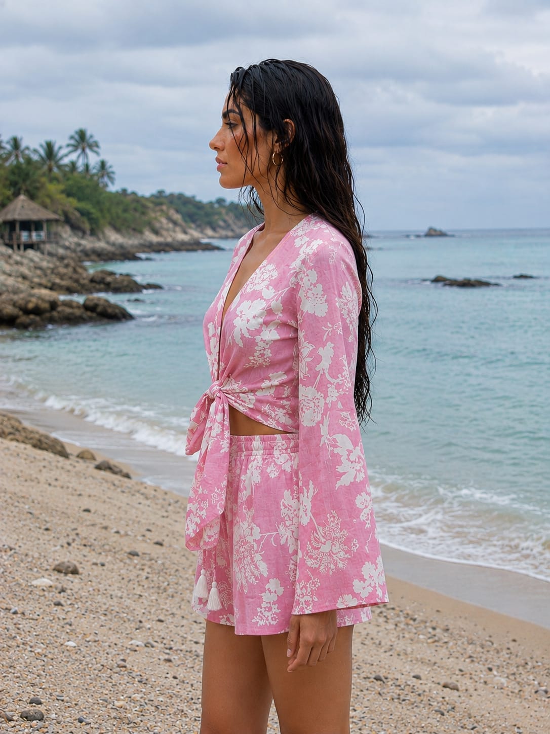 Women’s Pink Floral Printed Cotton Beach Wear Set with Bell Sleeve Tie-Up Top & Tassel Shorts