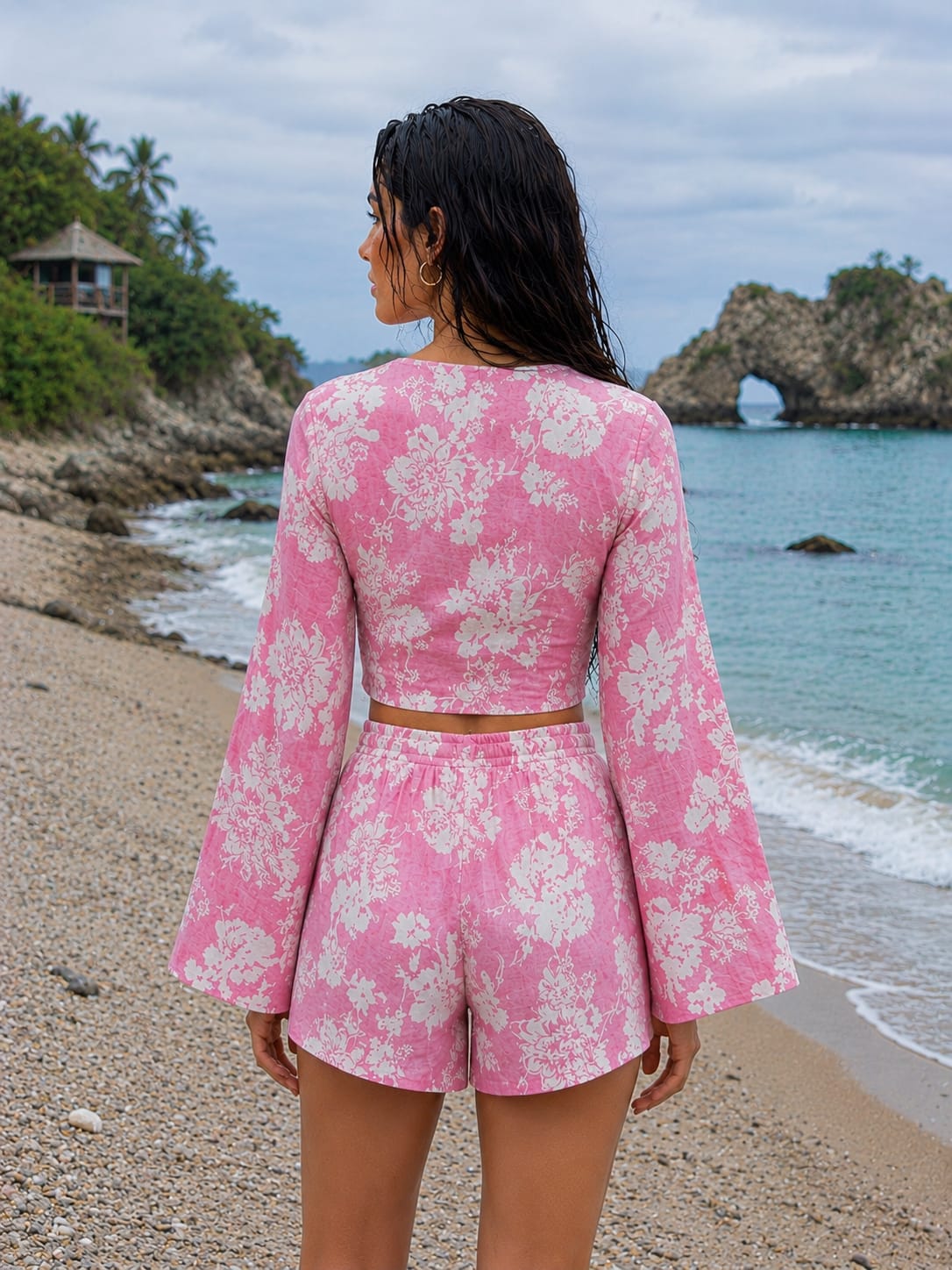 Women’s Pink Floral Printed Cotton Beach Wear Set with Bell Sleeve Tie-Up Top & Tassel Shorts