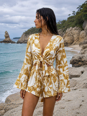 Women’s Mustard Yellow Floral Printed Cotton Beach Wear Set with Bell Sleeve Tie-Up Top & Tassel Shorts