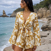 Women’s Mustard Yellow Floral Printed Cotton Beach Wear Set with Bell Sleeve Tie-Up Top & Tassel Shorts