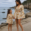 Mom & Daughter Mustard Yellow Floral Printed Cotton Beach Wear Set with Bell Sleeve Tie-Up Top & Tassel Shorts