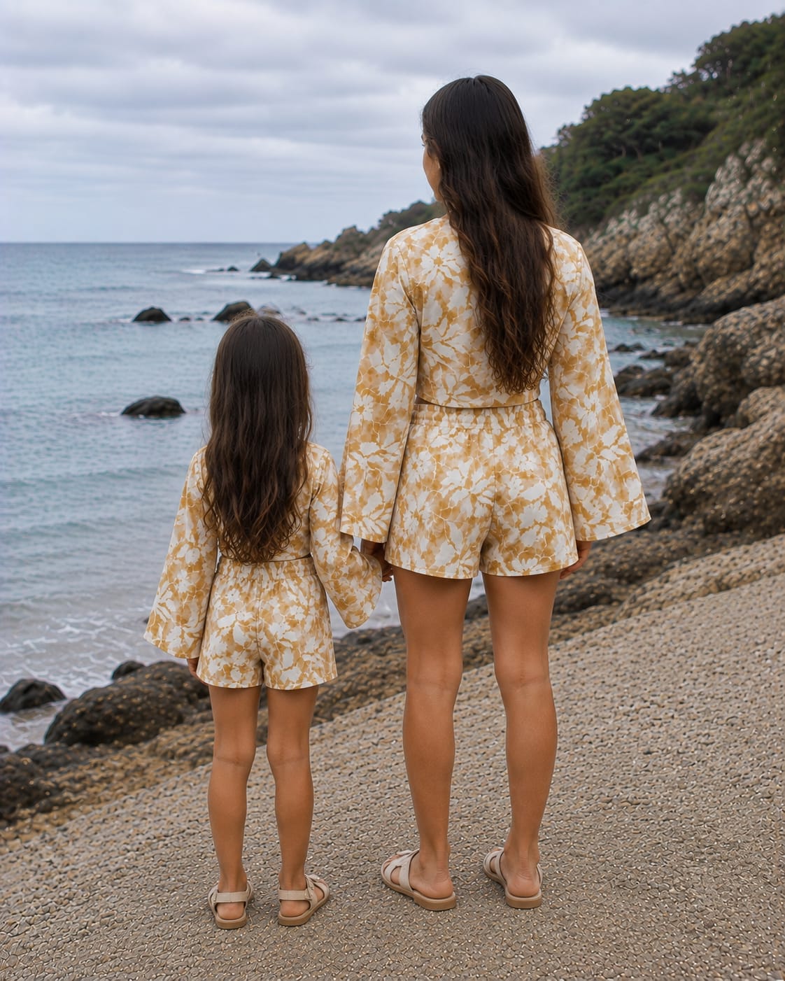 Mom & Daughter Mustard Yellow Floral Printed Cotton Beach Wear Set with Bell Sleeve Tie-Up Top & Tassel Shorts