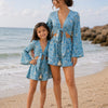 Mom & Daughter Sky Blue Floral Printed Cotton Beach Wear Set with Bell Sleeve Tie-Up Top & Tassel Shorts