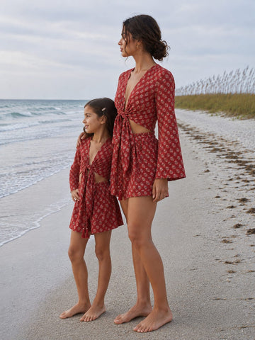 Mom & Daughter Rust Red Floral Printed Cotton Beach Wear Set with Bell Sleeve Tie-Up Top & Tassel Shorts