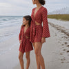 Mom & Daughter Rust Red Floral Printed Cotton Beach Wear Set with Bell Sleeve Tie-Up Top & Tassel Shorts