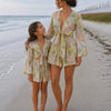 Mom & Daughter Yellow Multicolor Floral Printed Cotton Beach Wear Set with Bell Sleeve Tie-Up Top & Tassel Shorts