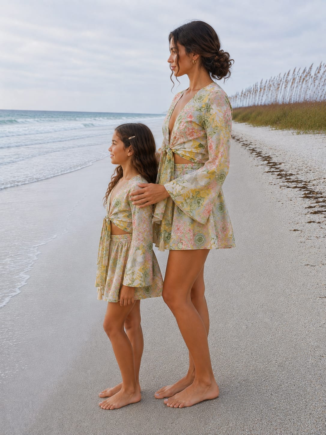 Mom & Daughter Yellow Multicolor Floral Printed Cotton Beach Wear Set with Bell Sleeve Tie-Up Top & Tassel Shorts