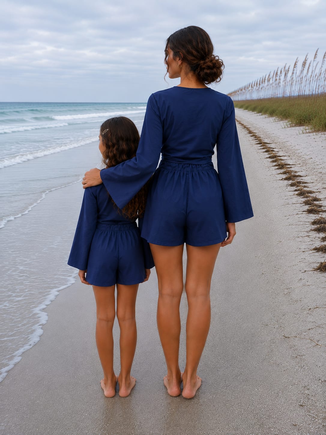 Mom & Daughter Navy Blue Solid Cotton Beach Wear Set with Bell Sleeve Tie-Up Top & Tassel Shorts