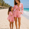 Mom & Daughter Baby Pink Solid Cotton Beach Wear Set with Bell Sleeve Tie-Up Top & Tassel Shorts