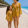 Mom & Daughter Mustard Yellow Printed Cotton Beach Wear Set with Bell Sleeve Tie-Up Top & Tassel Shorts