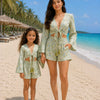 Mom & Daughter Mint Green Floral Printed Cotton Beach Wear Set with Bell Sleeve Tie-Up Top & Tassel Shorts
