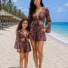Mom & Daughter Maroon Paisley Printed Cotton Beach Wear Set with Bell Sleeve Tie-Up Top & Tassel Shorts