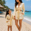 Mom & Daughter Cream White Solid Cotton Beach Wear Set with Bell Sleeve Tie-Up Top & Tassel Shorts