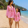 Mom & Daughter Pink Printed Cotton Beach Wear Set with Bell Sleeve Tie-Up Top & Tassel Shorts