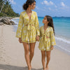 Mom & Daughter Yellow Tropical Printed Cotton Beach Wear Set with Bell Sleeve Tie-Up Top & Tassel Shorts