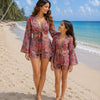 Mom & Daughter Pink Floral Printed Cotton Beach Wear Set with Bell Sleeve Tie-Up Top & Tassel Shorts