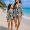 Mom & Daughter Black and White Geometric Printed Cotton Beach Wear Set with Bell Sleeve Tie-Up Top & Tassel Shorts