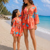 Mom & Daughter Coral Orange Abstract Printed Cotton Beach Wear Set with Bell Sleeve Tie-Up Top & Tassel Shorts