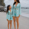 Mom & Daughter Sky Blue Zigzag Printed Cotton Beach Wear Set with Bell Sleeve Tie-Up Top & Tassel Shorts