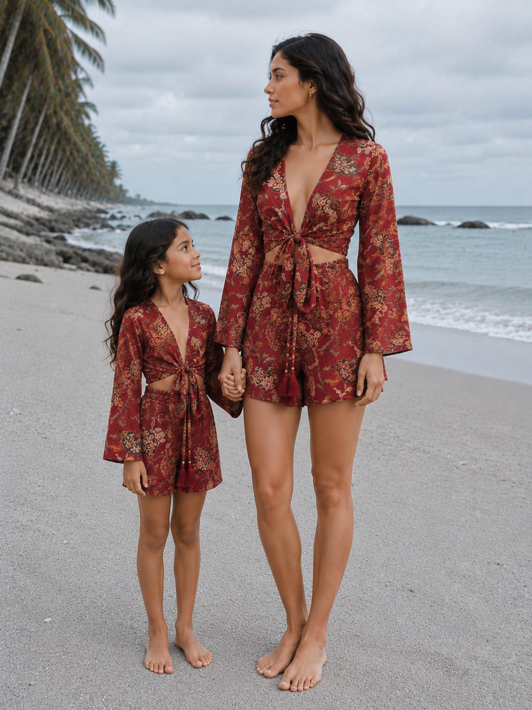 Mom & Daughter Red Paisley Printed Cotton Beach Wear Set with Bell Sleeve Tie-Up Top & Tassel Shorts