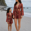 Mom & Daughter Red Paisley Printed Cotton Beach Wear Set with Bell Sleeve Tie-Up Top & Tassel Shorts