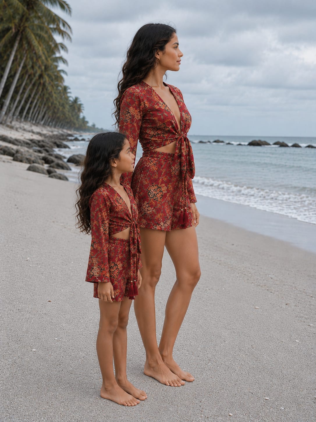Mom & Daughter Red Paisley Printed Cotton Beach Wear Set with Bell Sleeve Tie-Up Top & Tassel Shorts