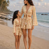 Mom & Daughter Multicolor Geometric Printed Cotton Beach Wear Set with Bell Sleeve Tie-Up Top & Tassel Shorts
