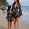 Mom & Daughter Black Floral Printed Cotton Beach Wear Set with Bell Sleeve Tie-Up Top & Tassel Shorts
