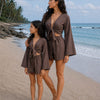 Mom & Daughter Chocolate Brown Solid Cotton Beach Wear Set with Bell Sleeve Tie-Up Top & Tassel Shorts