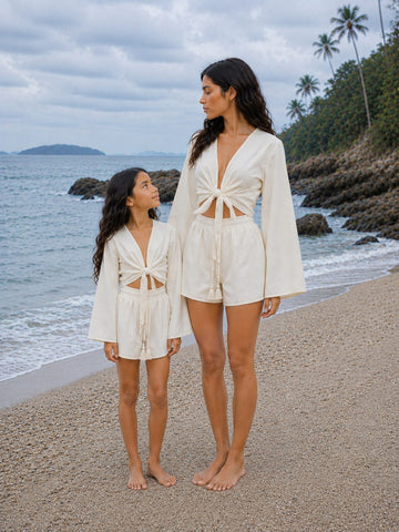 Mom & Daughter White Solid Cotton Beach Wear Set with Bell Sleeve Tie-Up Top & Tassel Shorts
