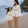 Mom & Daughter White Solid Cotton Beach Wear Set with Bell Sleeve Tie-Up Top & Tassel Shorts