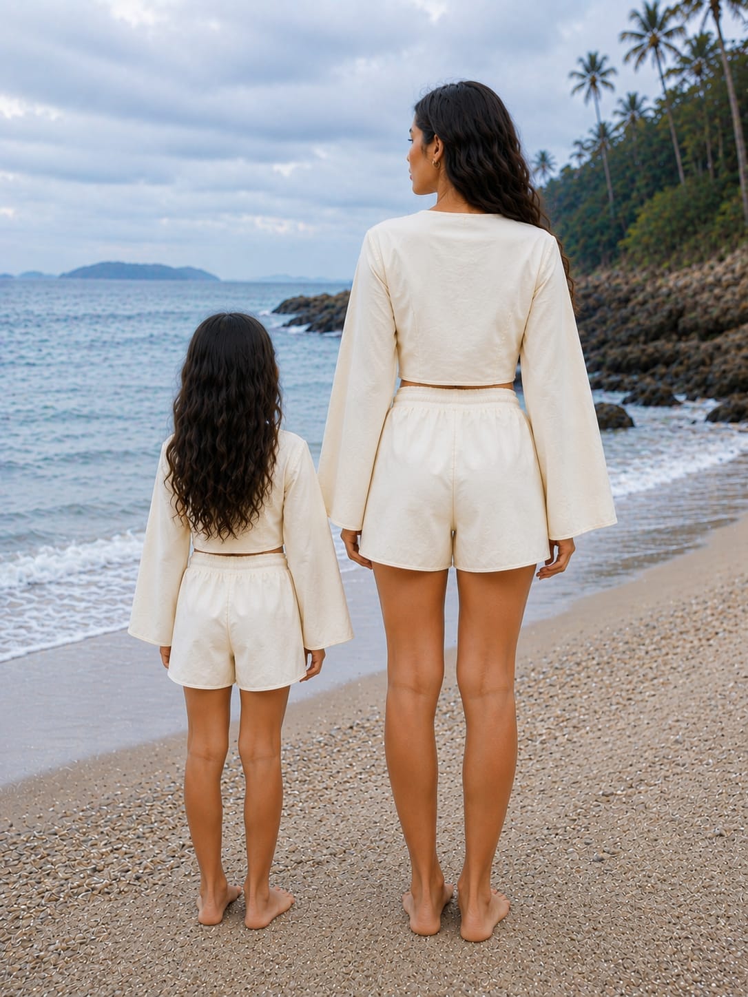 Mom & Daughter White Solid Cotton Beach Wear Set with Bell Sleeve Tie-Up Top & Tassel Shorts