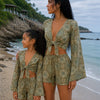 Mom & Daughter Olive Green Geometric Printed Cotton Beach Wear Set with Bell Sleeve Tie-Up Top & Tassel Shorts