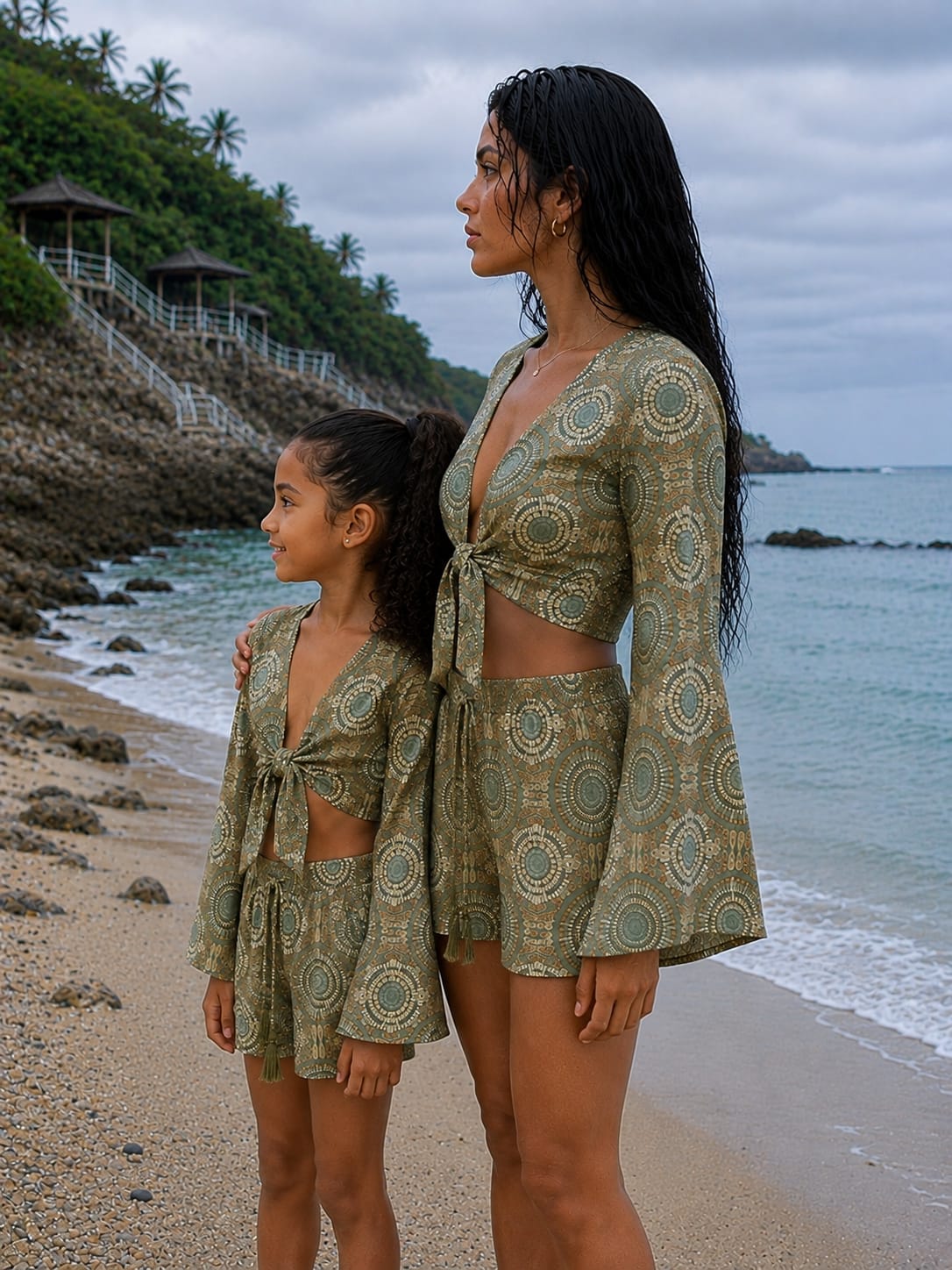 Mom & Daughter Olive Green Geometric Printed Cotton Beach Wear Set with Bell Sleeve Tie-Up Top & Tassel Shorts