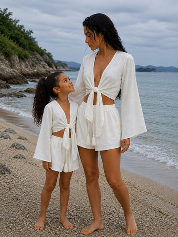Mom & Daughter White Printed Cotton Beach Wear Set with Bell Sleeve Tie-Up Top & Tassel Shorts