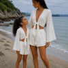 Mom & Daughter White Printed Cotton Beach Wear Set with Bell Sleeve Tie-Up Top & Tassel Shorts