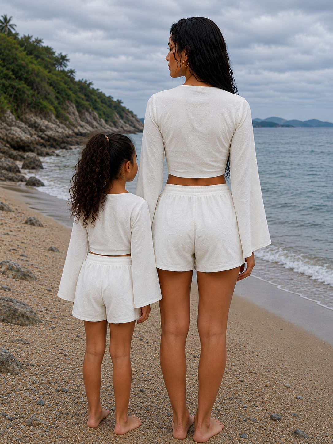 Mom & Daughter White Printed Cotton Beach Wear Set with Bell Sleeve Tie-Up Top & Tassel Shorts