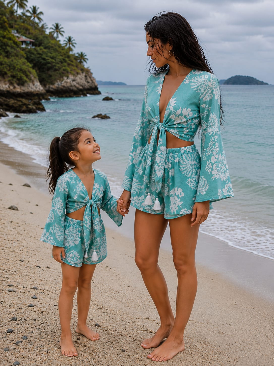 Mom & Daughter Sky Blue Floral Printed Cotton Beach Wear Set with Bell Sleeve Top & Shorts