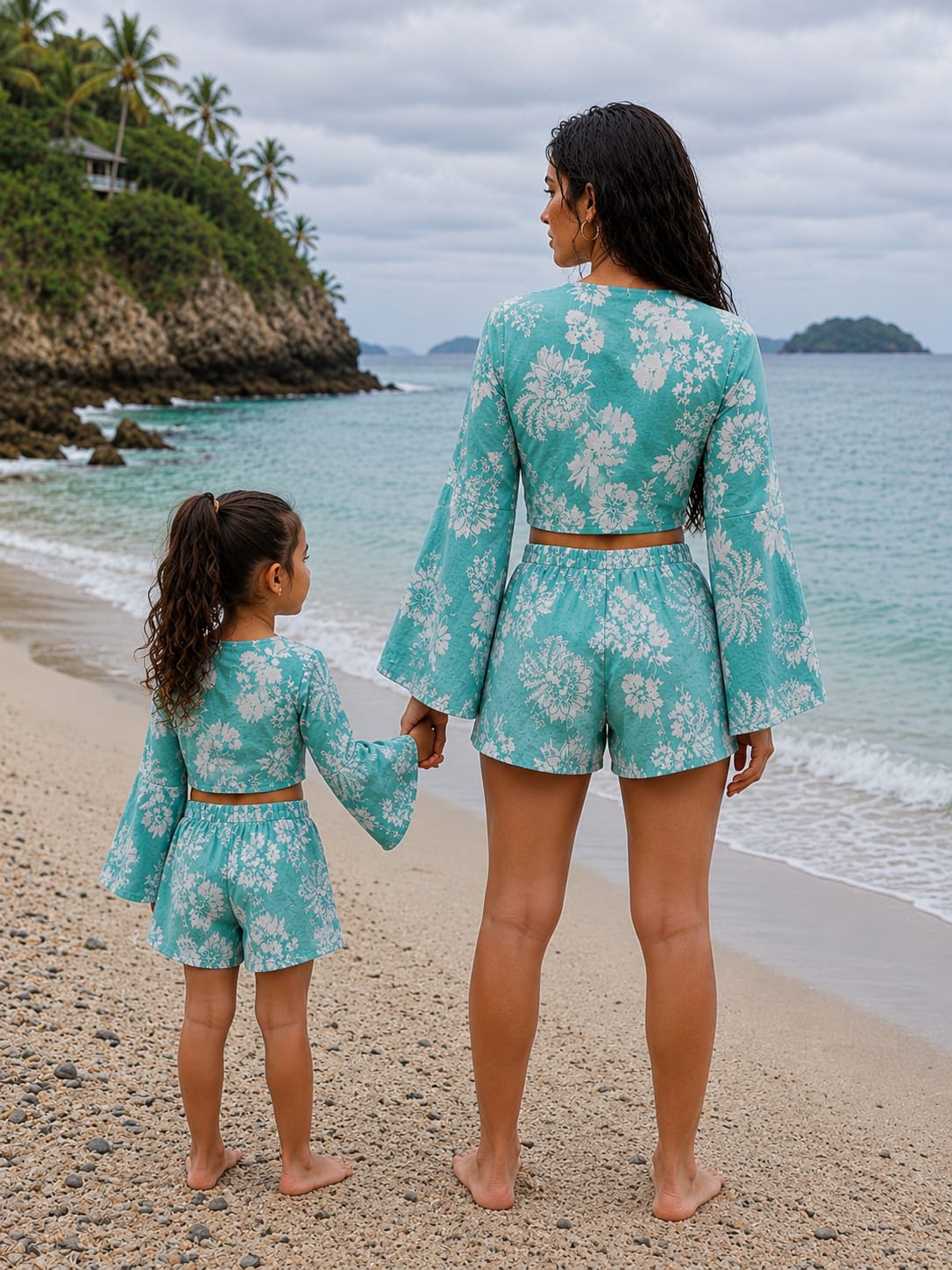 Mom & Daughter Sky Blue Floral Printed Cotton Beach Wear Set with Bell Sleeve Top & Shorts