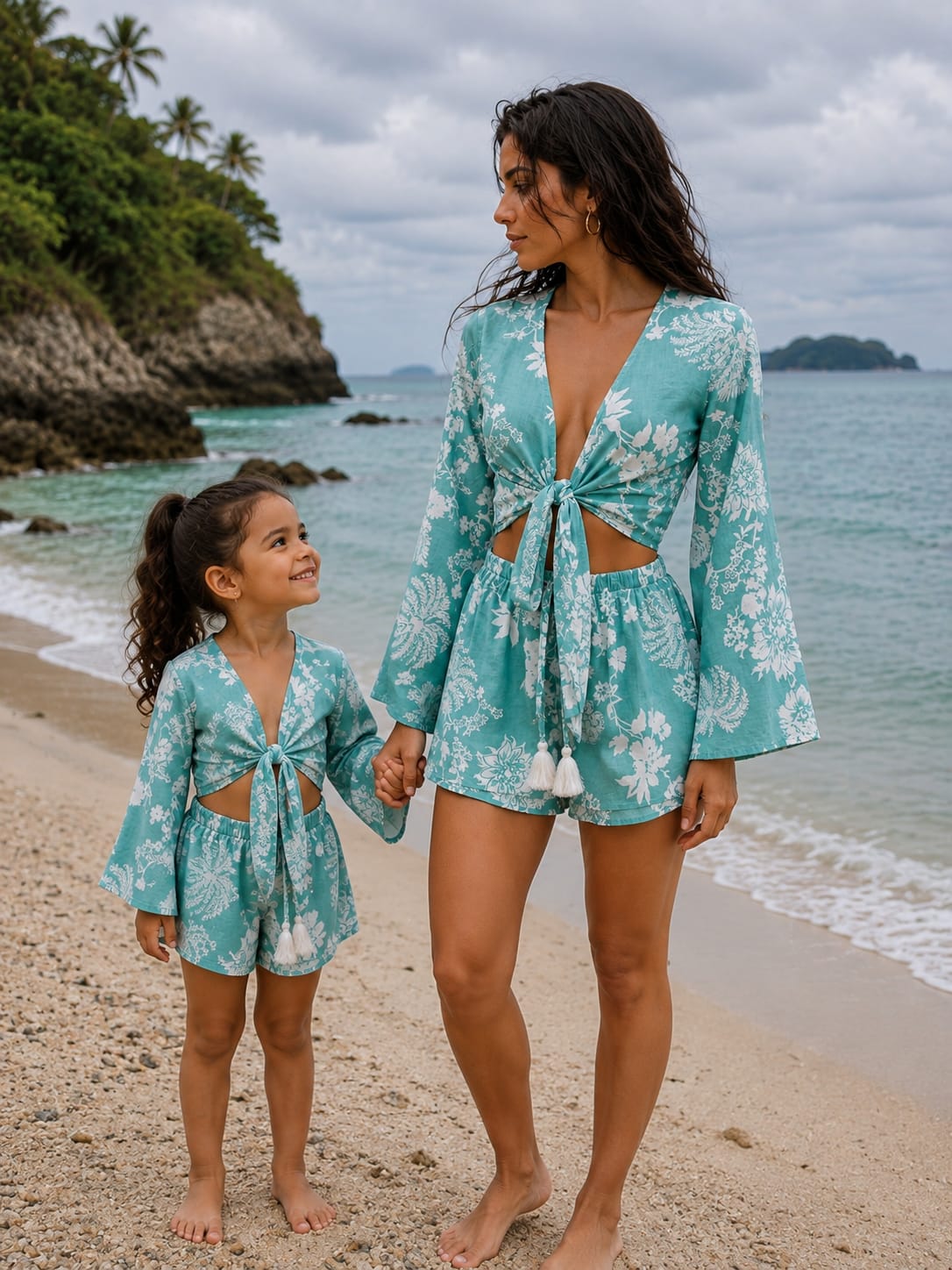 Mom & Daughter Sky Blue Floral Printed Cotton Beach Wear Set with Bell Sleeve Top & Shorts