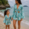 Mom & Daughter Sky Blue Floral Printed Cotton Beach Wear Set with Bell Sleeve Top & Shorts
