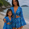 Mom & Daughter Blue Circular Printed Cotton Beach Wear Set with Bell Sleeve Tie-Up Top & Tassel Shorts
