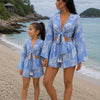 Mom & Daughter Sky Blue Floral Printed Cotton Beach Wear Set with Bell Sleeve Tie-Up Top & Tassel Shorts