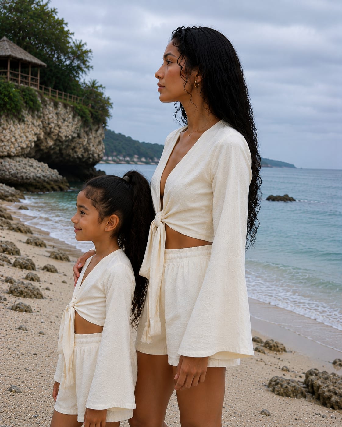 Mom & Daughter off White Cotton Beach Wear Set with Bell Sleeve Tie-Up Top & Tassel Shorts