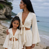 Mom & Daughter off White Cotton Beach Wear Set with Bell Sleeve Tie-Up Top & Tassel Shorts