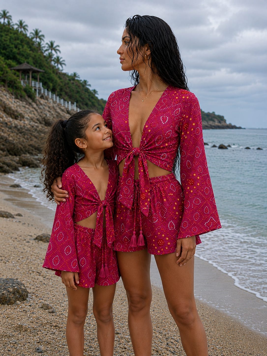 Mom & Daughter Pink Bandhani Printed Cotton Beach Wear Set with Bell Sleeve Tie-Up Top & Tassel Shorts