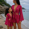 Mom & Daughter Pink Bandhani Printed Cotton Beach Wear Set with Bell Sleeve Tie-Up Top & Tassel Shorts