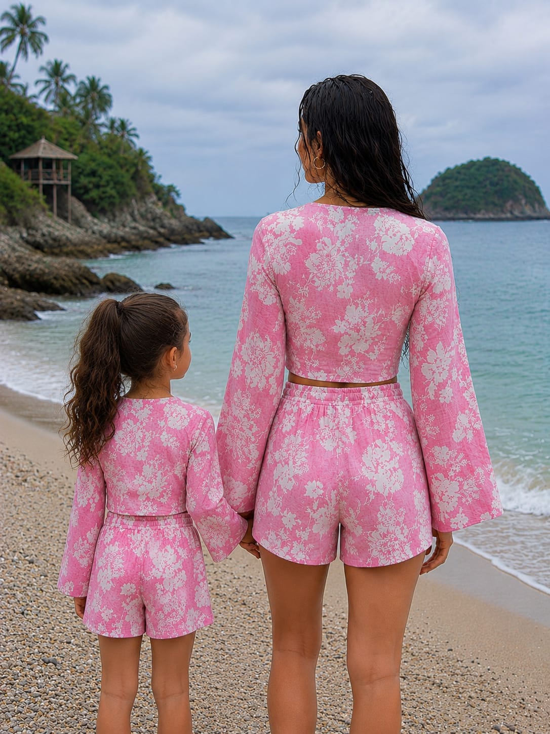 Mom & Daughter Pink Floral Printed Cotton Beach Wear Set with Bell Sleeve Tie-Up Top & Tassel Shorts